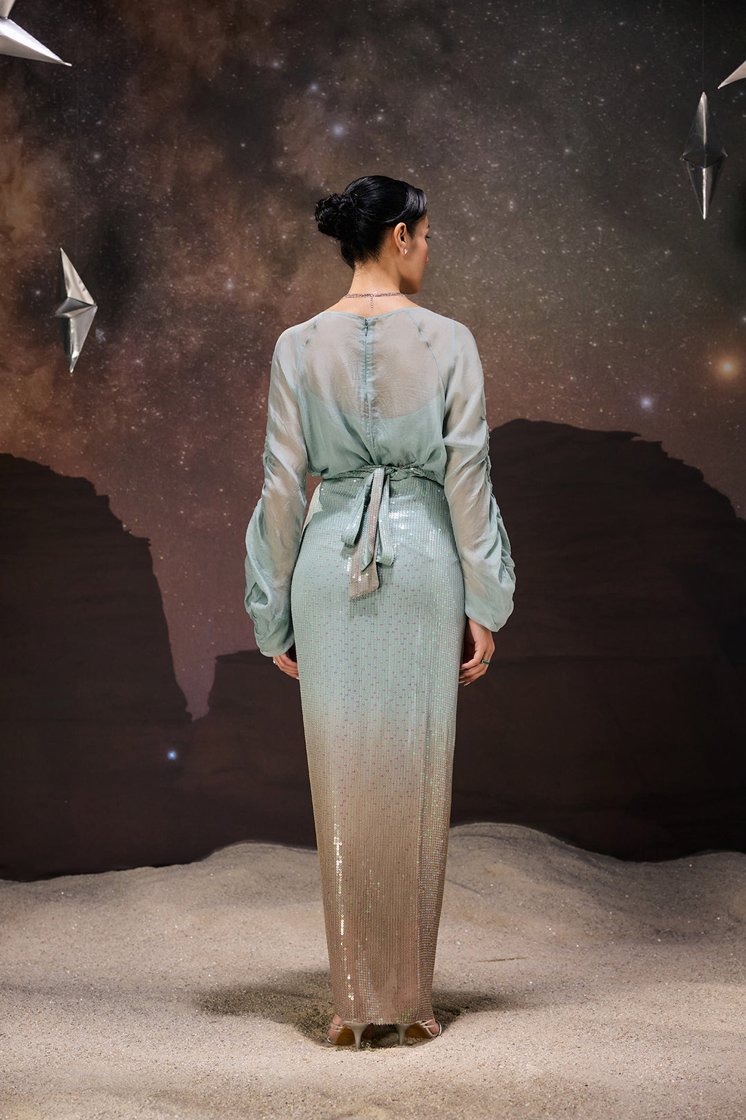 Ombre Sheer Top & Sequined Drape Skirt Set
