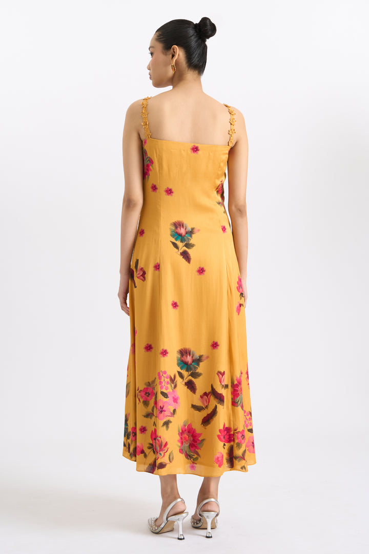 Mustard Blossom Strappy Midi Dress