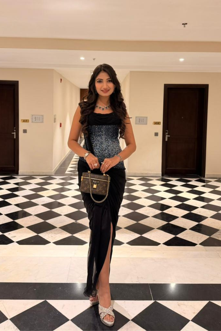 Eva Gupta in Sakura Eclipse Denim Corset and Drape Skirt Set