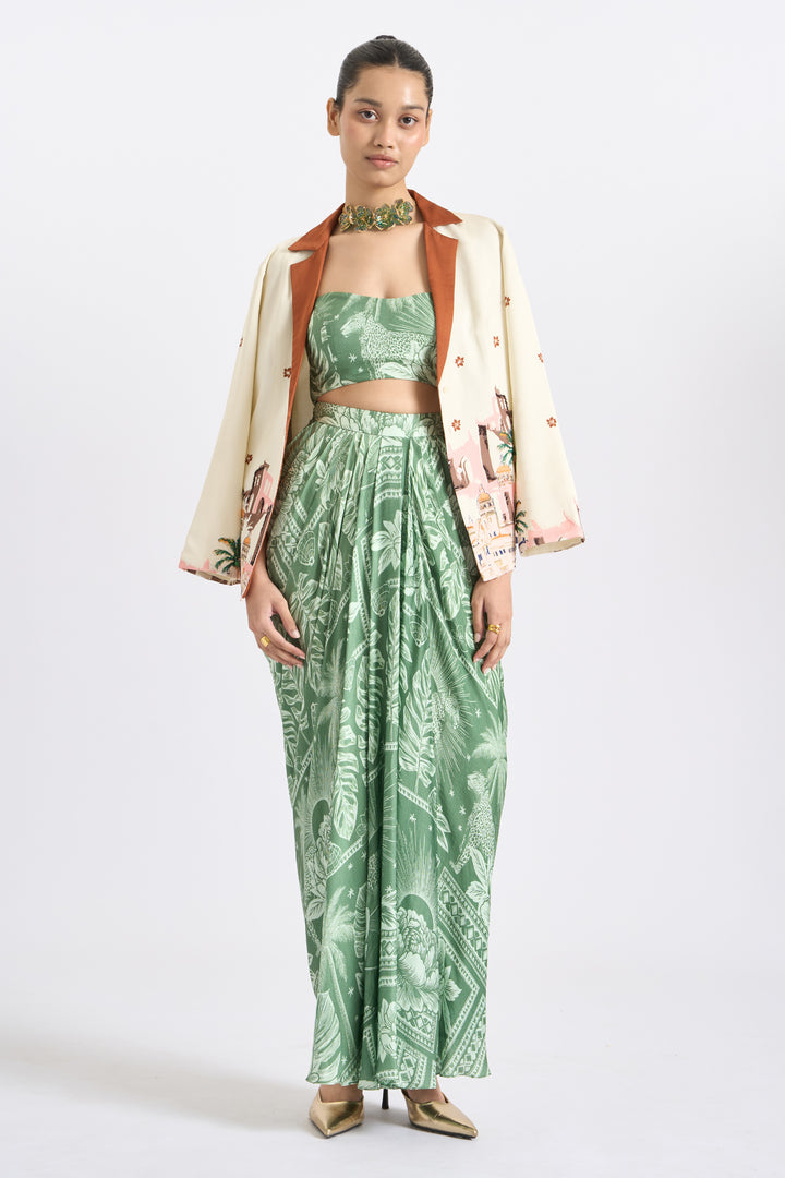 Ivory Cityscape Blazer & Draped Dhoti Skirt Set