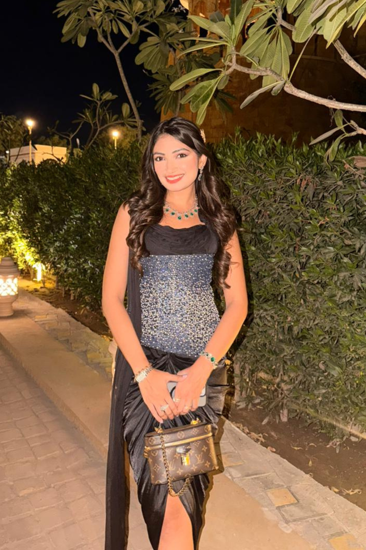 Eva Gupta in Sakura Eclipse Denim Corset and Drape Skirt Set