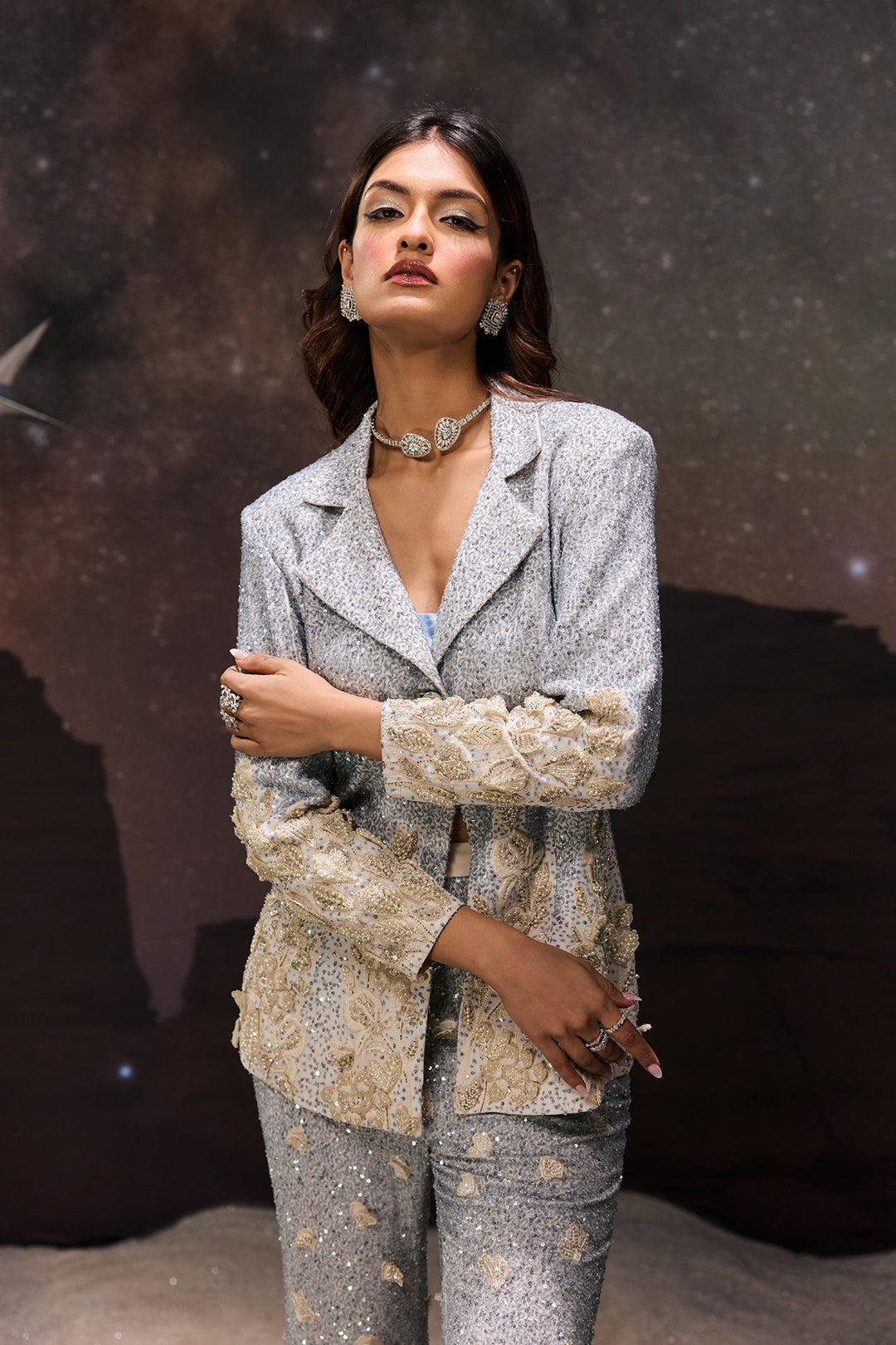 Embroidered Floral blazer & Flared Trousers Co-ord Set