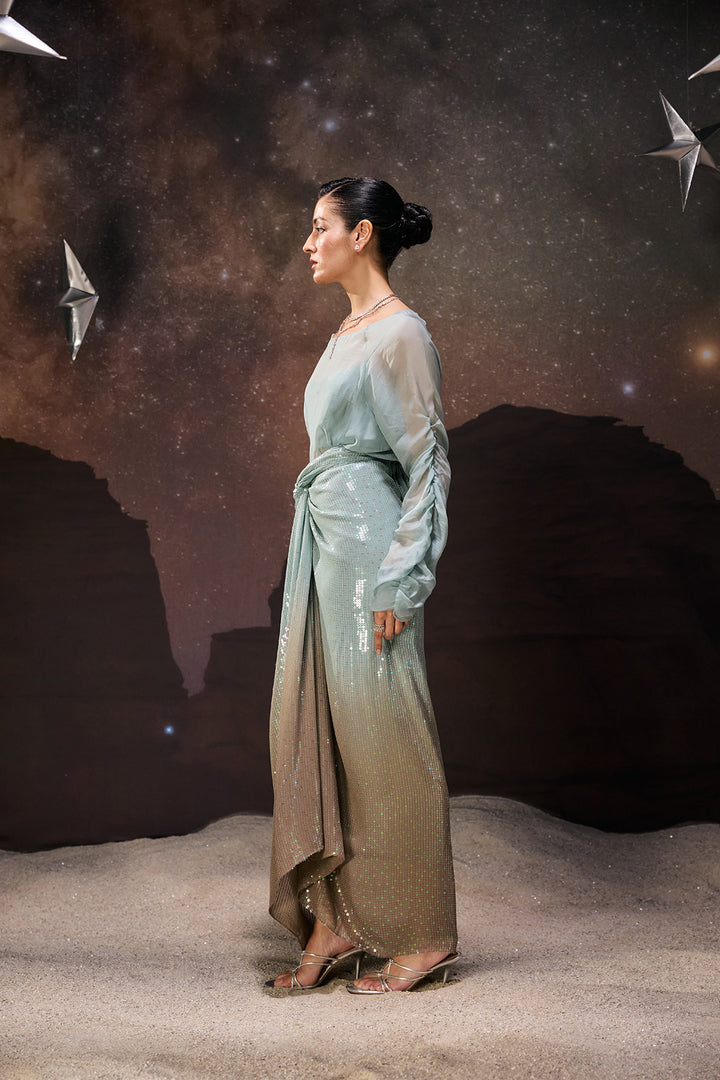 Ombre Sheer Top & Sequined Drape Skirt Set