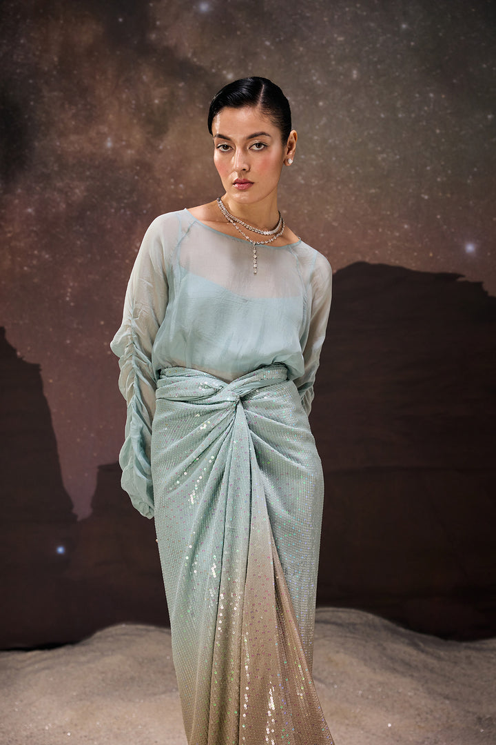 Ombre Sheer Top & Sequined Drape Skirt Set