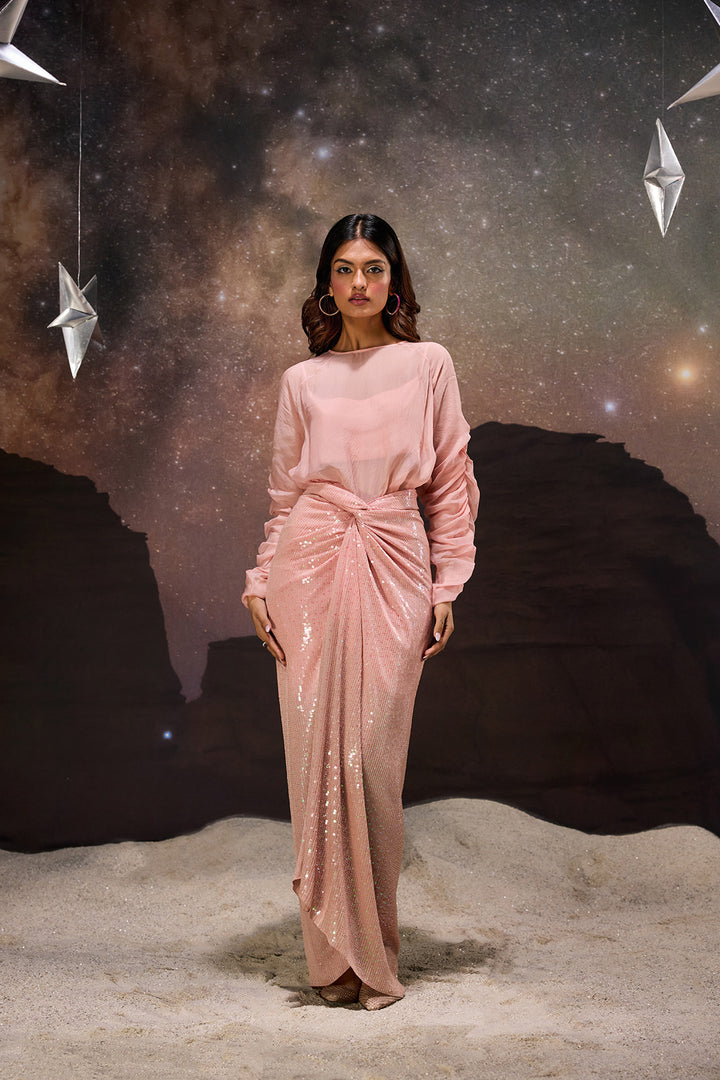 Ombre Sheer Top & Sequined Drape Skirt Set