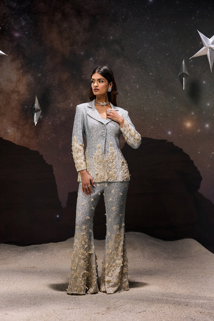 Embroidered Floral blazer & Flared Trousers Co-ord Set