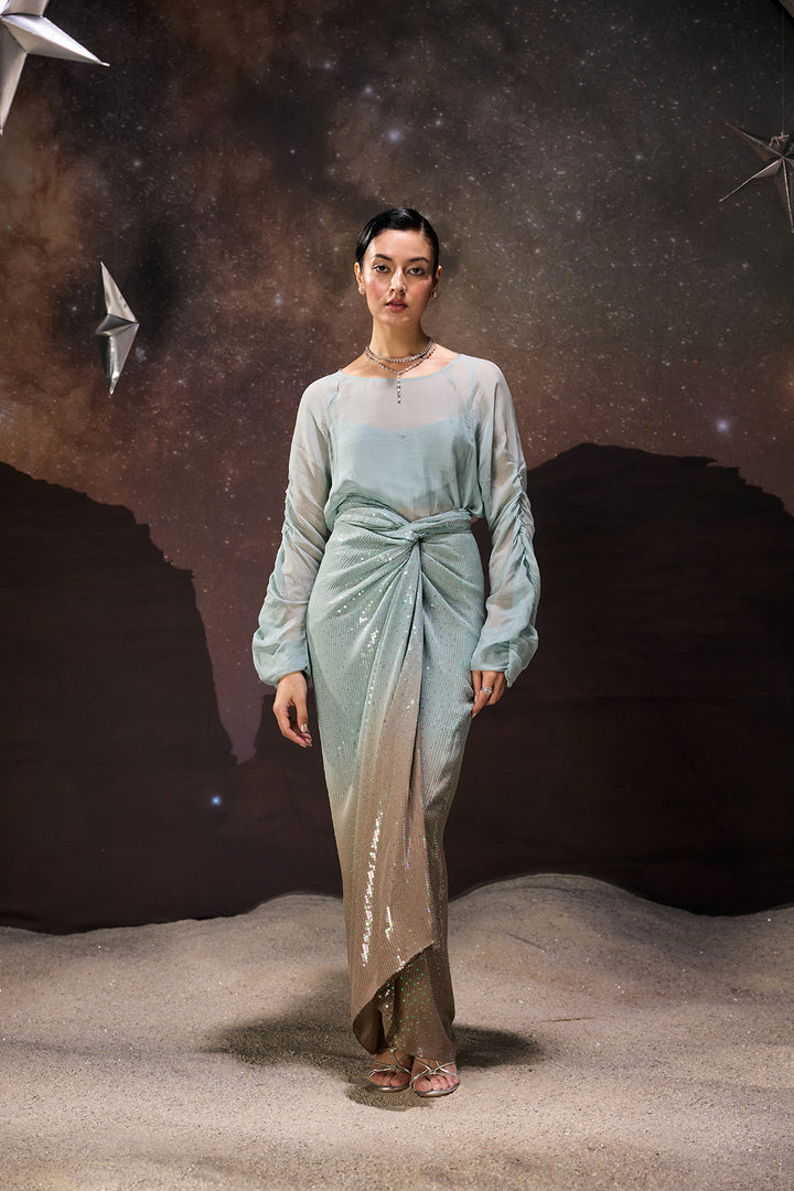 Ombre Sheer Top & Sequined Drape Skirt Set