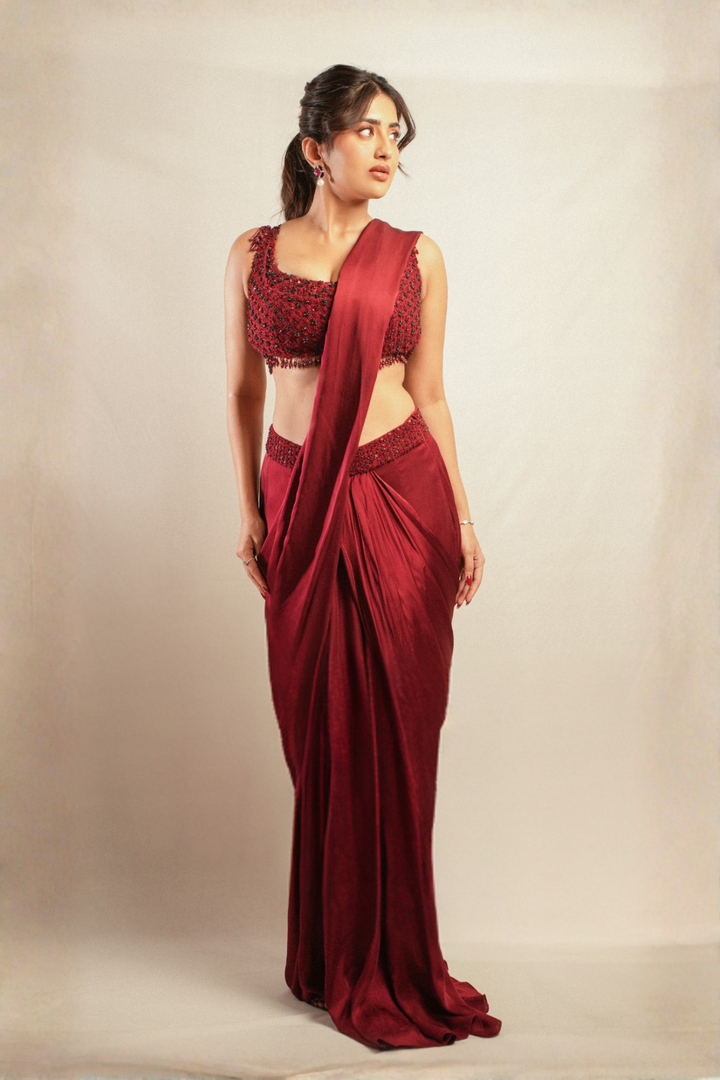 Rashi Singh In The Crimson Hanami Drape Saree